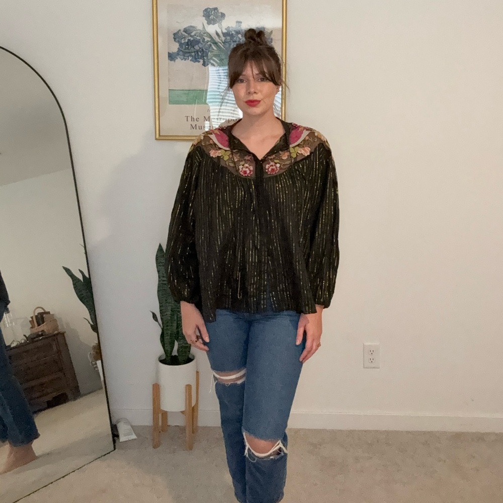 Aratta Metallic Boho Blouse Embroidered Floral Peasant Top Black Gold M